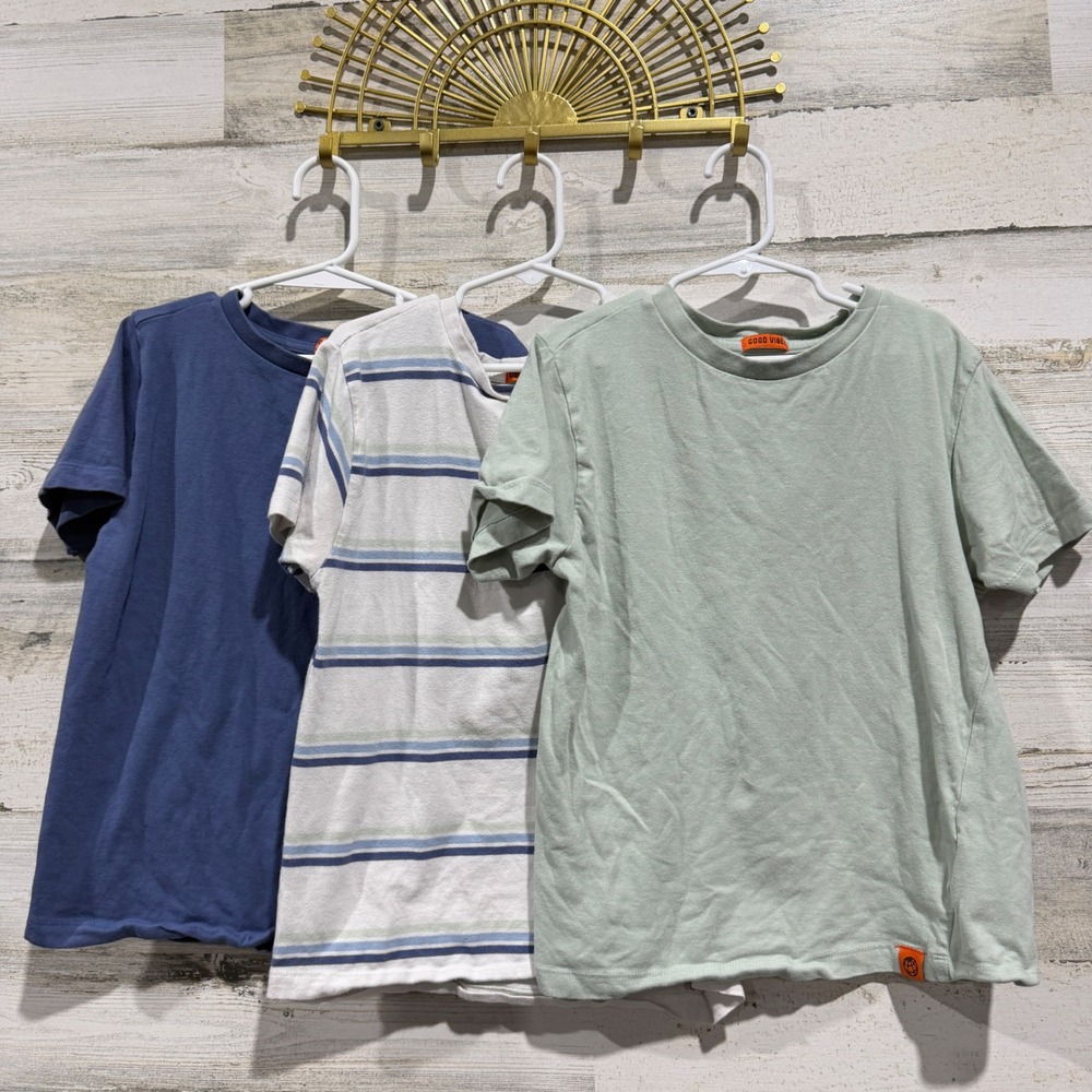 Free Planet T-Shirt Set Boys 7 Green Blue White Striped Casual Skater GUC*